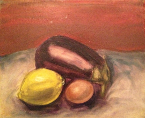 Study fruit lemon eggplant and egg class École d'art Pointe-Saint-Charles Art School Still life
